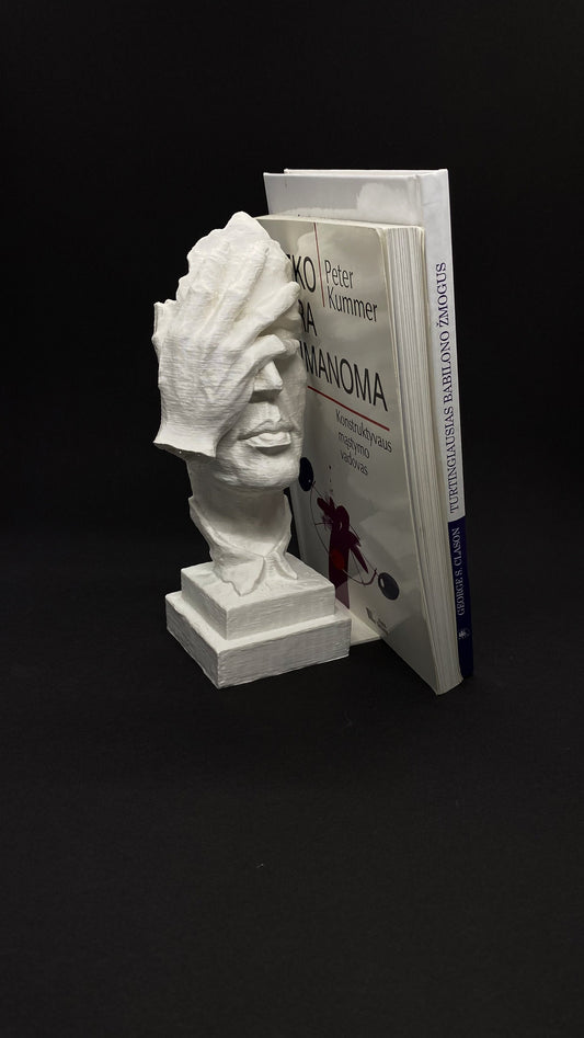 Front view of the 3D printed Face Statue Modern Bookend made from eco-friendly PLA, showcasing minimalist design.